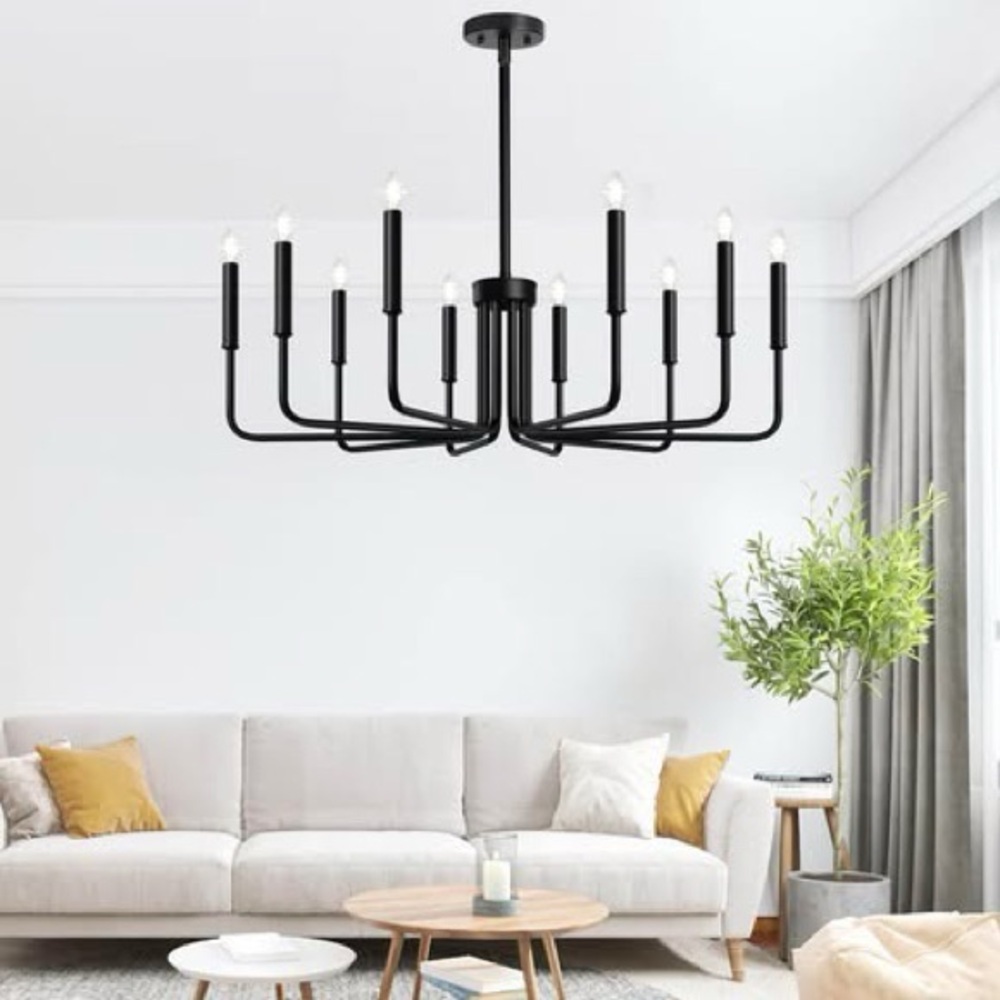 (NEW) Large candle Matte Black Industrial Modern Chandelier 35” Lights